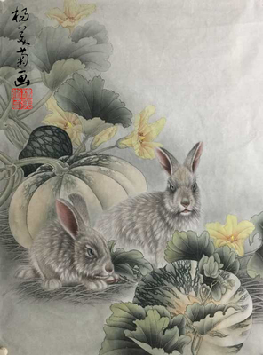 竖屏条幅作品名称：玉兔呈祥尺寸100CM×68CM 夫妻画家杨美菊，工笔画家杨美菊 实力派画家杨美菊 